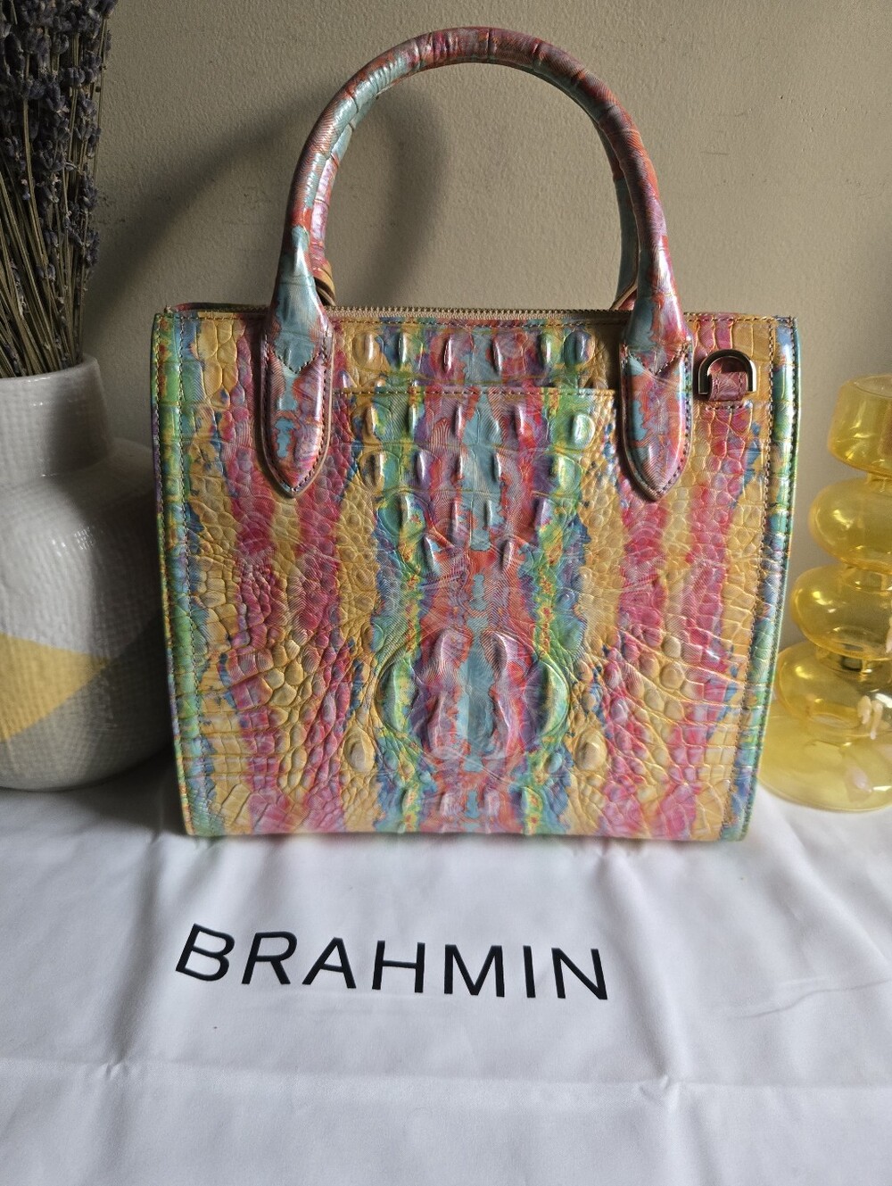 Brahmin Caroline Large Multicolor Croc Embossed Leather Satchel Bag NEW🌈 - Picture 6 of 9